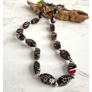 Vintage Murano Millefiori Glass Necklace Multicolor Beads Sterling Accents